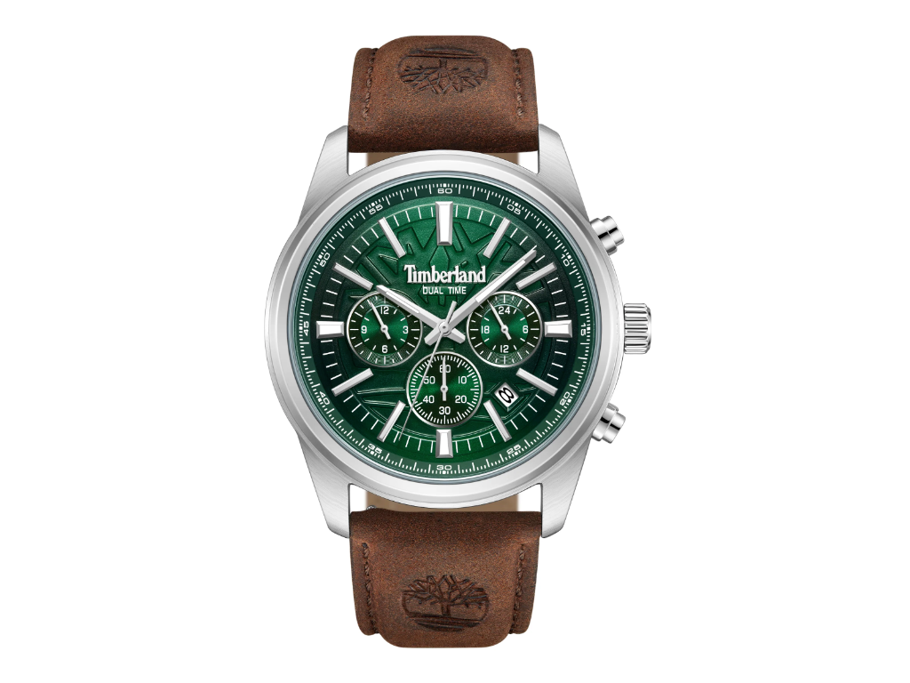 Timberland Northbridge multifunktion Herreur med brun læderrem og grøn reliefpræget urskive - Ø 45 mm