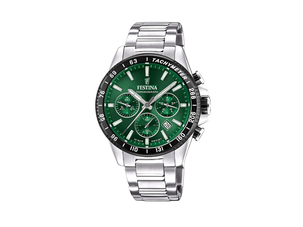 Festina Herrechronograph med stållænke og grøn urskive  - Ø 45 cm