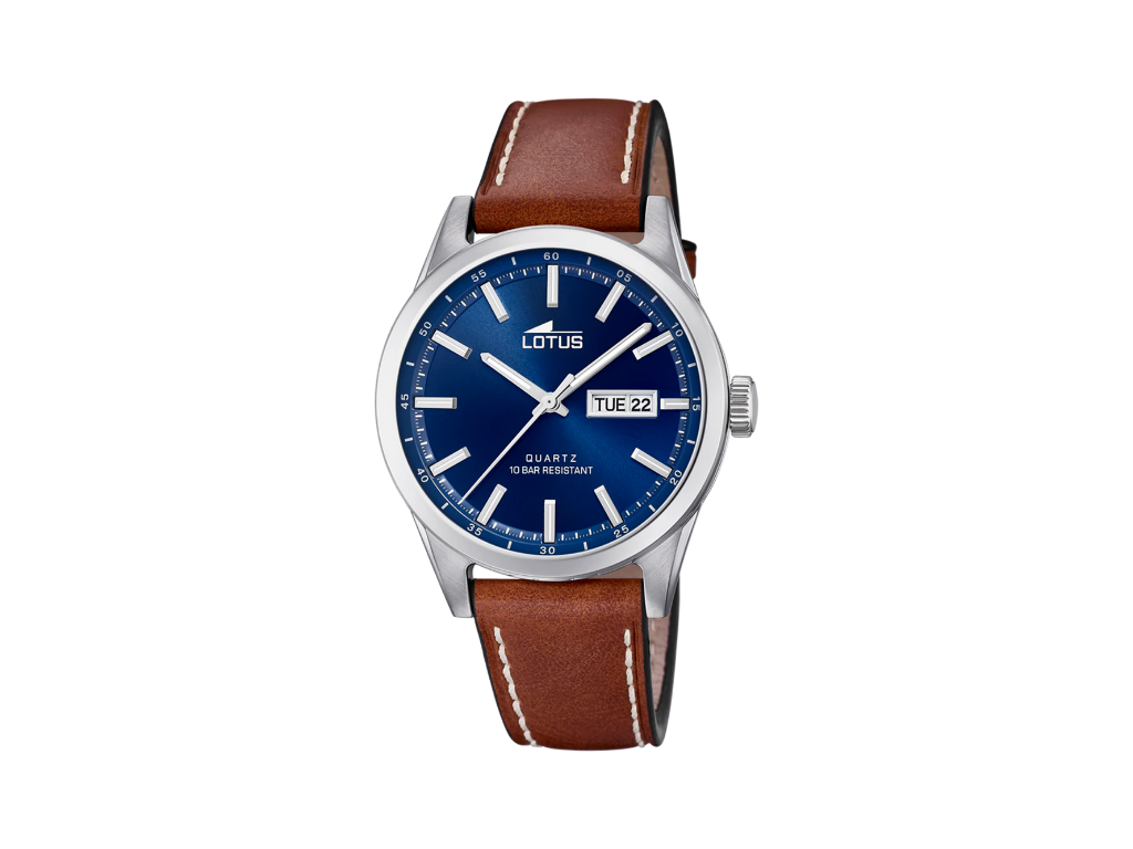 LOTUS Classic Herreur med blå skive og brun læderrem Ø42 mm