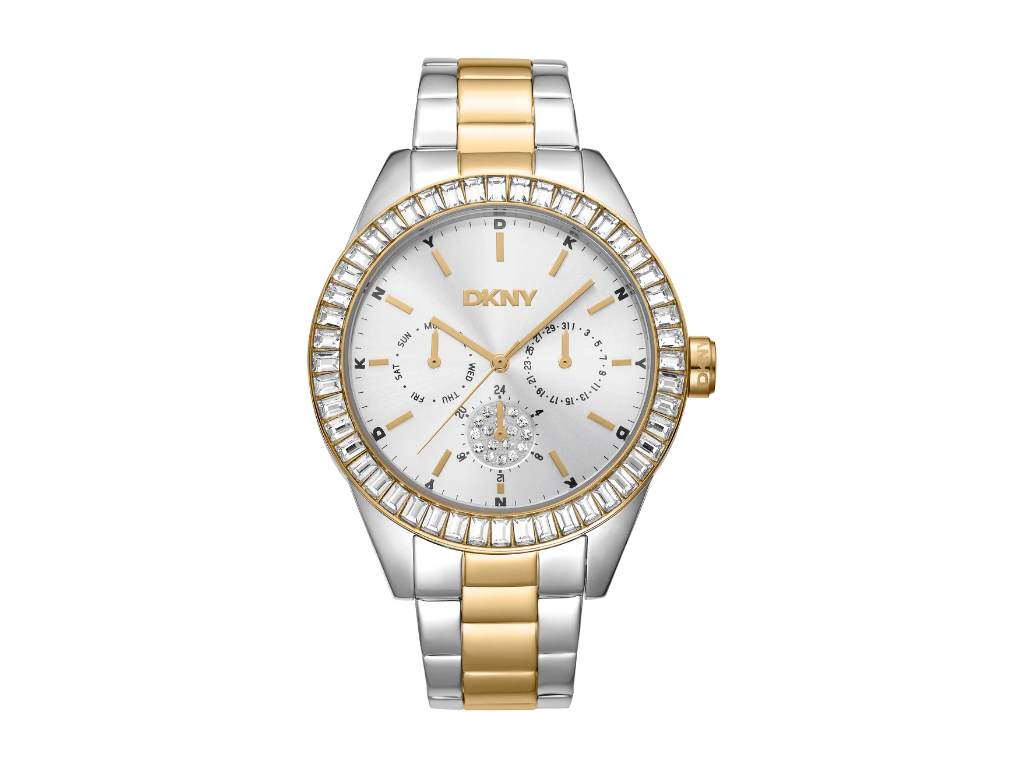 DKNY Nolita Multi Glitz Dameur i rustfrit stål med guld PVD og sten. Sølvfarvet urskive - Ø 40 mm