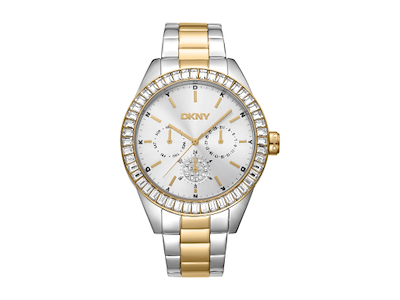 DKNY Nolita Multi Glitz Dameur i rustfrit stål med guld PVD og sten. Sølvfarvet urskive - Ø 40 mm