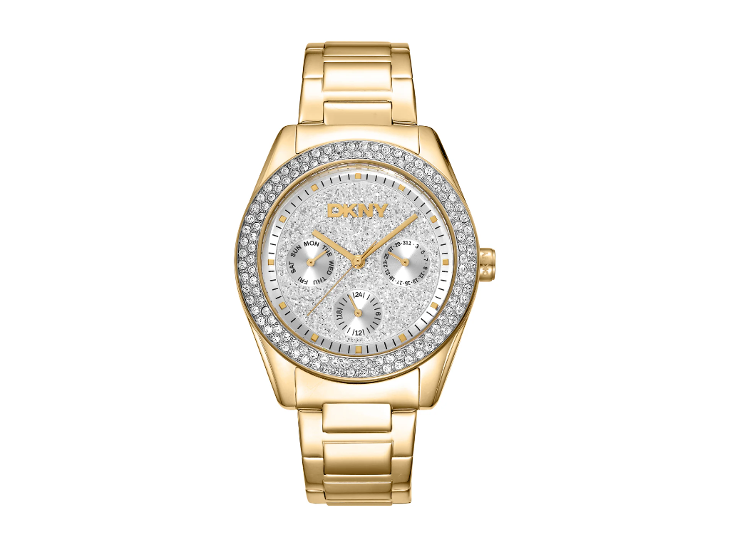 DKNY Chambers Multi Glitz Dameur i rustfrit stål med guld PVD og sten. Krystalfarvet urskive - Ø 36 mm