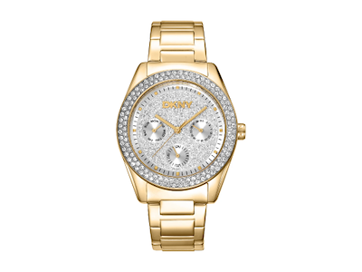 DKNY Chambers Multi Glitz Dameur i rustfrit stål med guld PVD og sten. Krystalfarvet urskive - Ø 36 mm