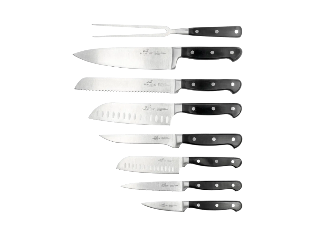 Lion Sabatier Knivsæt 8 dele, urte, tomat, lille santoku, santoku, brød, kokke, udbenerkniv samt stegegaffel i stål/sort, Pluton