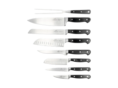 Lion Sabatier Knivsæt 8 dele, urte, tomat, lille santoku, santoku, brød, kokke, udbenerkniv samt stegegaffel i stål/sort, Pluton