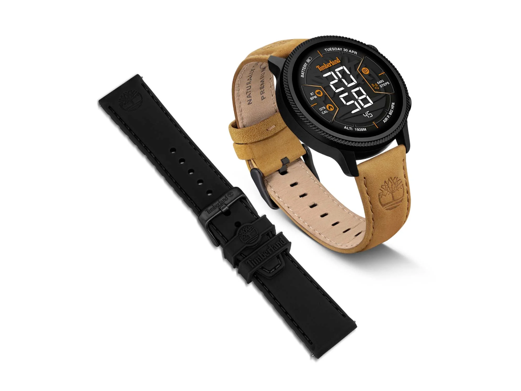 Timberland Trailforce Smartwatch - GPS. Sort urkasse med PVD topring. Tanfarvet læder- og sort gummirem - Ø 48 mm