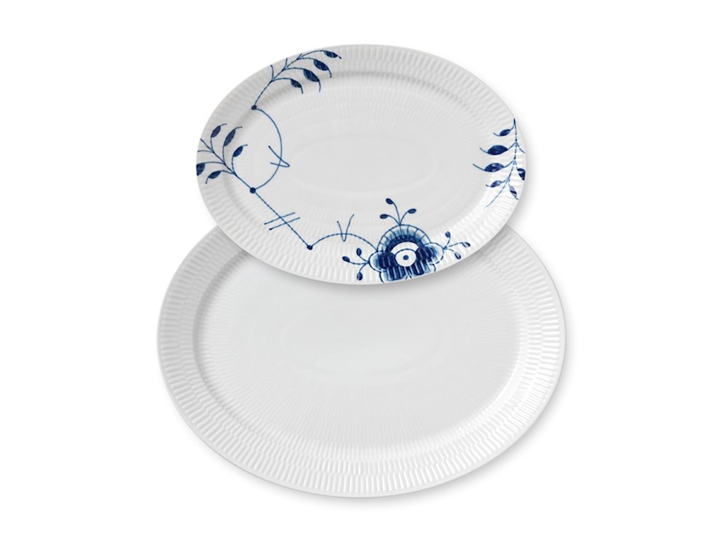 Royal Copenhagen Hvid Riflet fad 34 cm & Blå Mega Riflet fad 28 cm