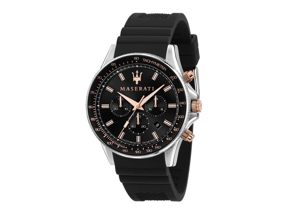Maserati herrekronograf Sfida, 44 mm. Sort rem og sort skive.