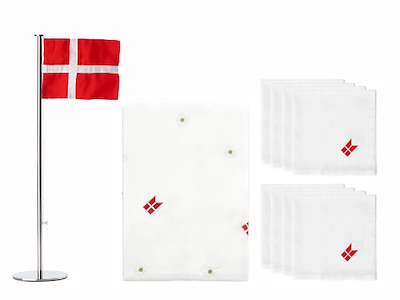 Södahl Dug 140 x 270 cm med fødselsdagsbroderi og 8 stk. mundservietter, Tillykke + Zone bordflag SAMPAK