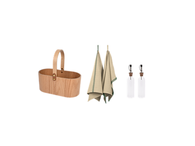 ETKA Living woodtray, olie/eddike flasker & viskestykker
