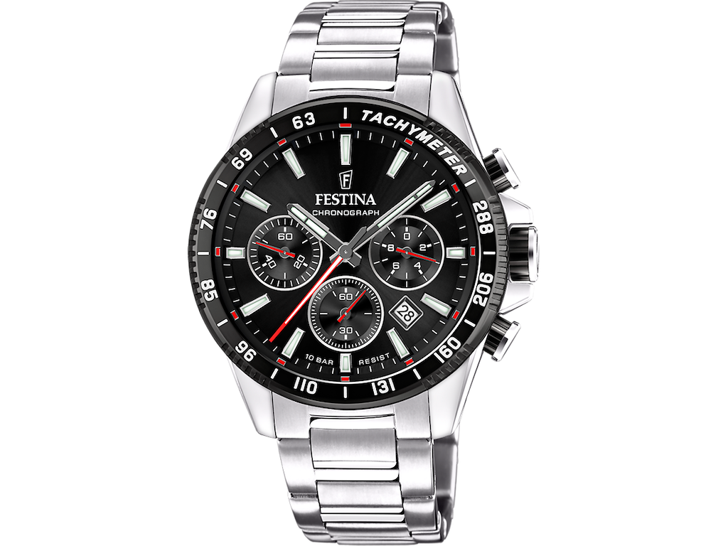 Festina Herreur med chronograph og stållænke - sort urskive med røde detaljer - Ø 45 cm
