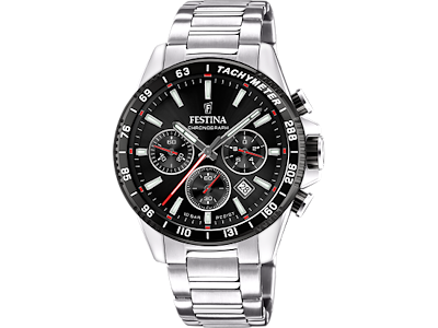 Festina Herreur med chronograph og stållænke - sort urskive med røde detaljer - Ø 45 cm