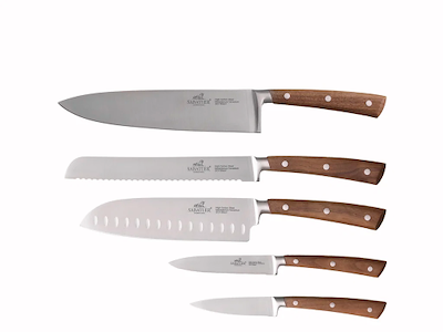 Lion Sabatier Gemini knivsæt 5 dele, urte-, multi-, santoku-, brød- og kokkekniv, valnød skaft FSC