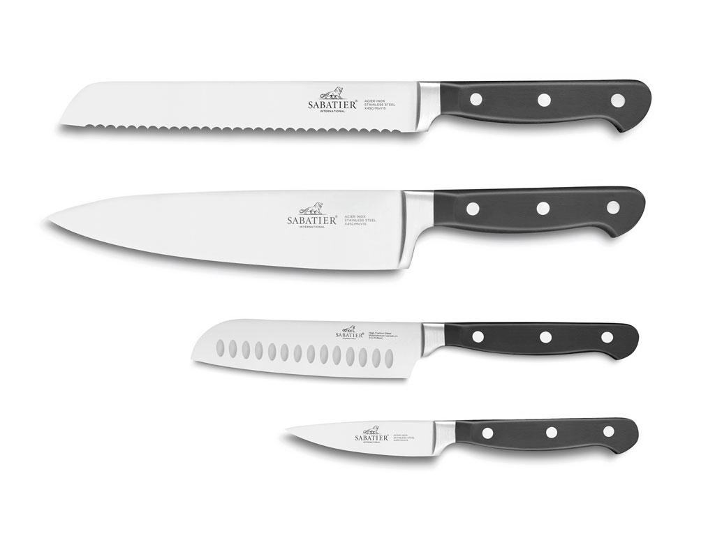 Lion Sabatier Knivsæt 4 dele, urte, santoku, brød og kokkekniv i stål/sort, Pluton