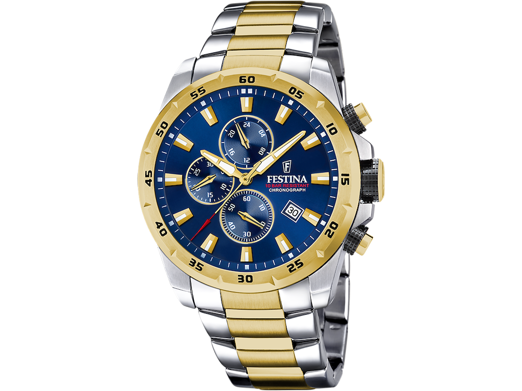 Festina Herreur med chronograph og stållænke - blå urskive med guld detaljer - Ø 45 cm