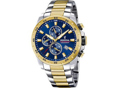 Festina Herreur med chronograph og stållænke - blå urskive med guld detaljer - Ø 45 cm