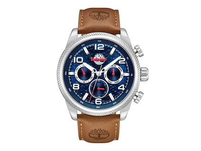 Timberland Henniker II multifunktion Herreur i rustfrit stål. Blå reliefskåret urskive & brun læderrem - Ø 46 mm