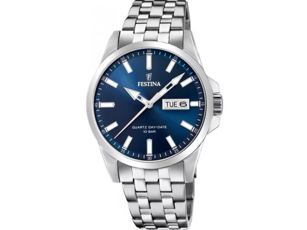 Festina Herreur med blå urskive og rustfrit stål lænke