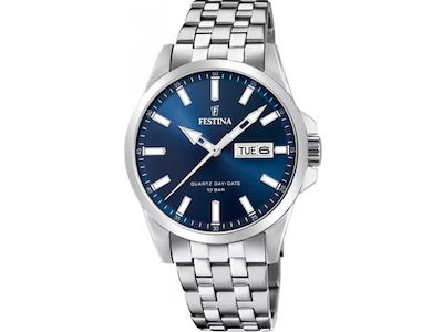 Festina Herreur med blå urskive og rustfrit stål lænke