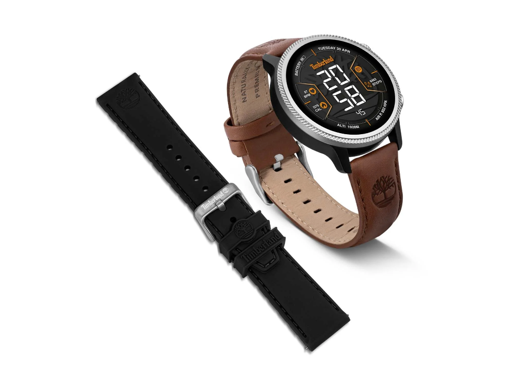 Timberland Trailforce Smartwatch med GPS. Sort urkasse med lys stål topring. Brun læderrem og sort gummirem - Ø 48 mm