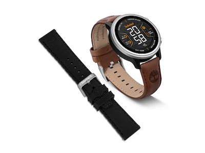Timberland Trailforce Smartwatch med GPS. Sort urkasse med lys stål topring. Brun læderrem og sort gummirem - Ø 48 mm