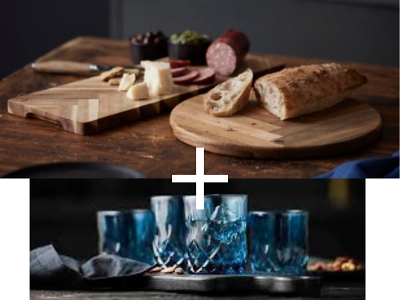 HOLM Serveringsbrætter samt Lyngby whiskeyglas i blå