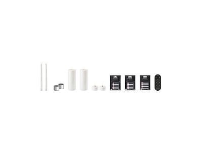 Uyuni - 2 stk. LED kronelys, lysestager, 2 stk. blok- og 2 stk. fyrfadslys, batterier & fjernbetjening - Hvid