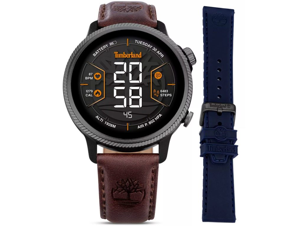 Timberland Trailforce Smartwatch med GPS. Sort urkasse med sort PVD topring. Brun læderrem og blå gummirem - Ø 48 mm