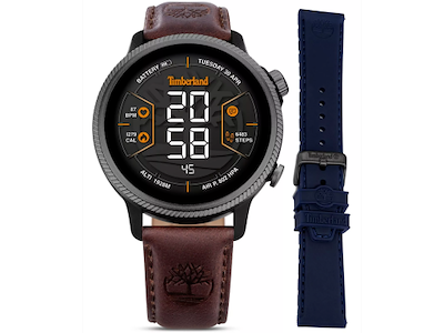 Timberland Trailforce Smartwatch med GPS. Sort urkasse med sort PVD topring. Brun læderrem og blå gummirem - Ø 48 mm