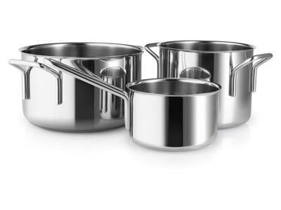 Eva Trio rustifrit stål grydesæt, 1,1 l kasserolle + 2,2 + 3,6 l gryde samt tallerkenlåg 16 + 20 cm