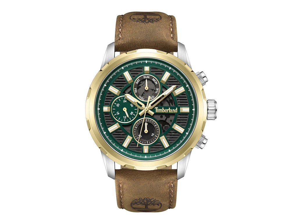 Timberland Hampton Harbour multifunktion Herreur i rustfrit stå, sort/grøn urskive og Brun urrem - Ø 46 mm