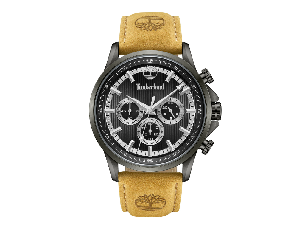 Timberland Bernardston multifunktion Herreur med tanfarvet læderrem og sort/sølvfarvet  urskive - Ø 45 mm