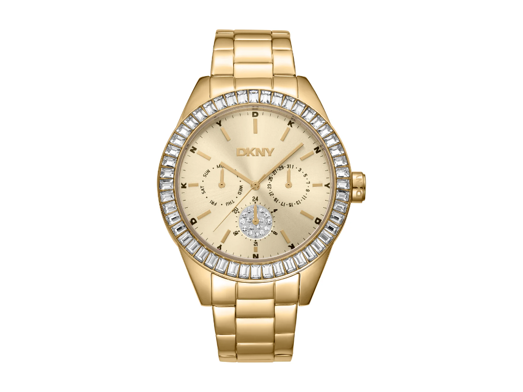 DKNY Nolita Multi Glitz Dameur i rustfrit stål med guld PVD og sten. Guldfarvet urskive - Ø 40 mm