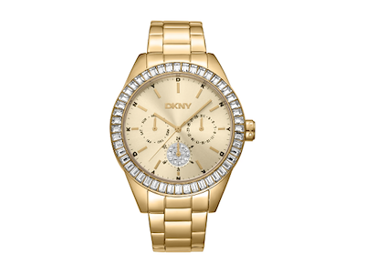 DKNY Nolita Multi Glitz Dameur i rustfrit stål med guld PVD og sten. Guldfarvet urskive - Ø 40 mm