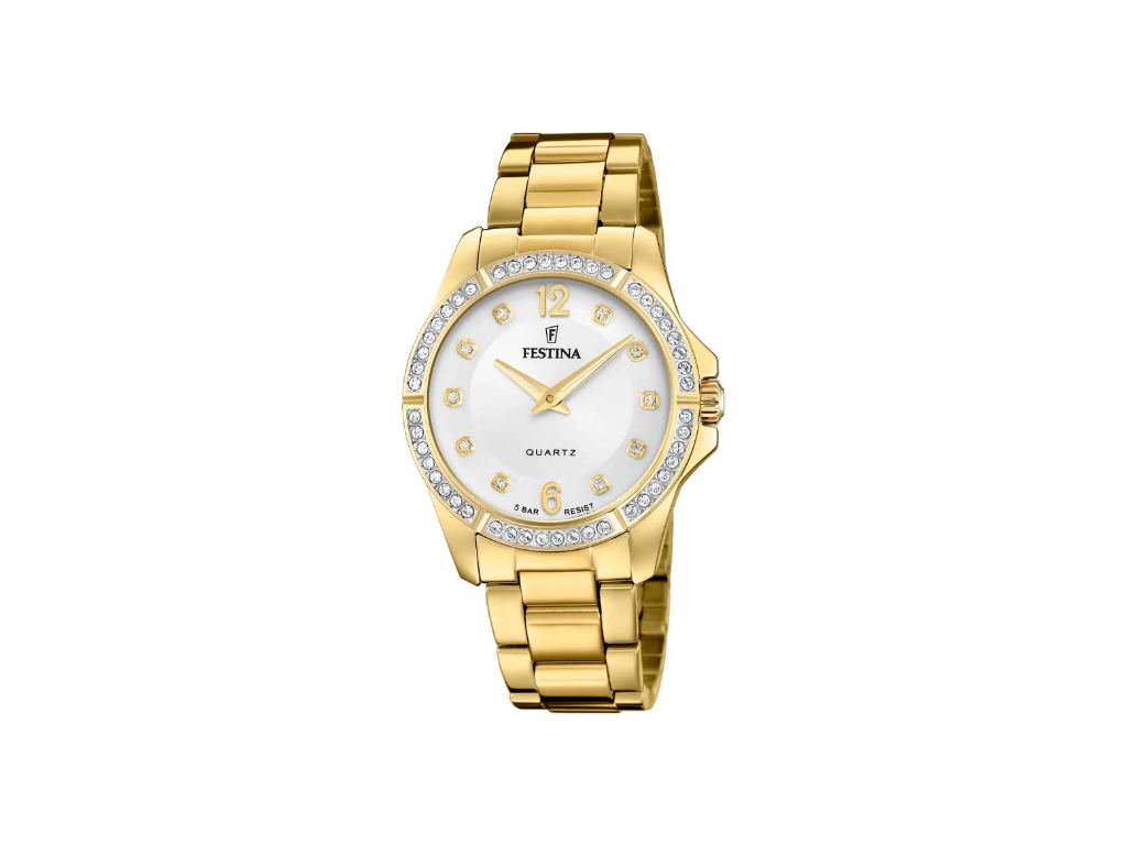 Festina Mademoiselle med hvid urskive, Zirkonia sten og guld rem