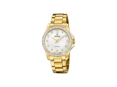 Festina Mademoiselle med hvid urskive, Zirkonia sten og guld rem