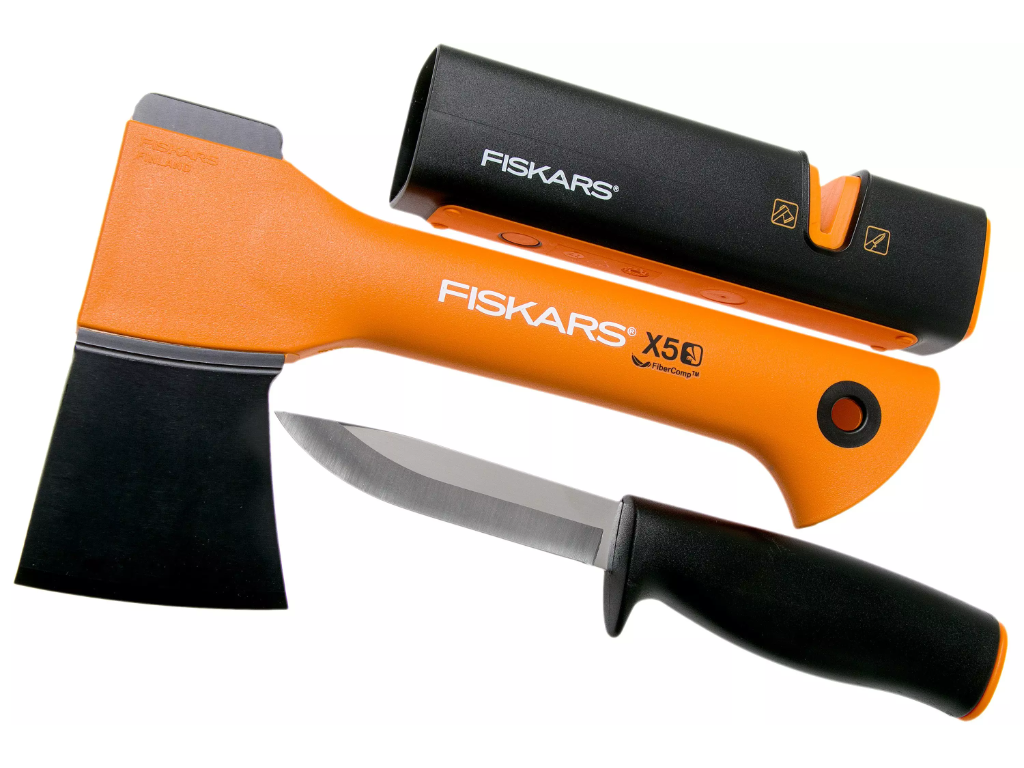 Fiskars X5 Fireplace sæt med økse, kniv og 2i1 sliber