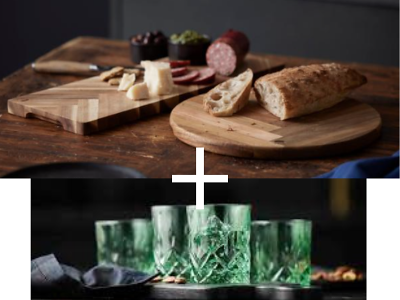 HOLM Serveringsbrætter samt Lyngby whiskeyglas i grøn