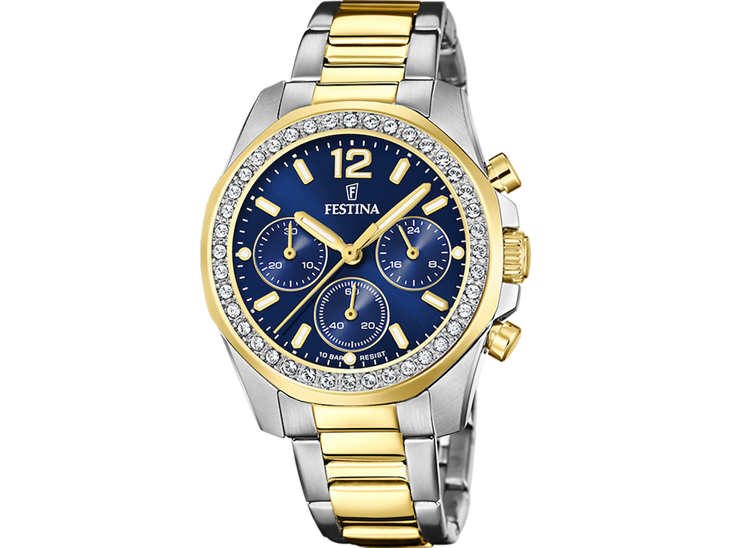 Festina Rainbow Dameur med stållænke og blå urskive med guld detaljer - Ø 38 cm