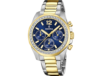 Festina Rainbow Dameur med stållænke og blå urskive med guld detaljer - Ø 38 cm