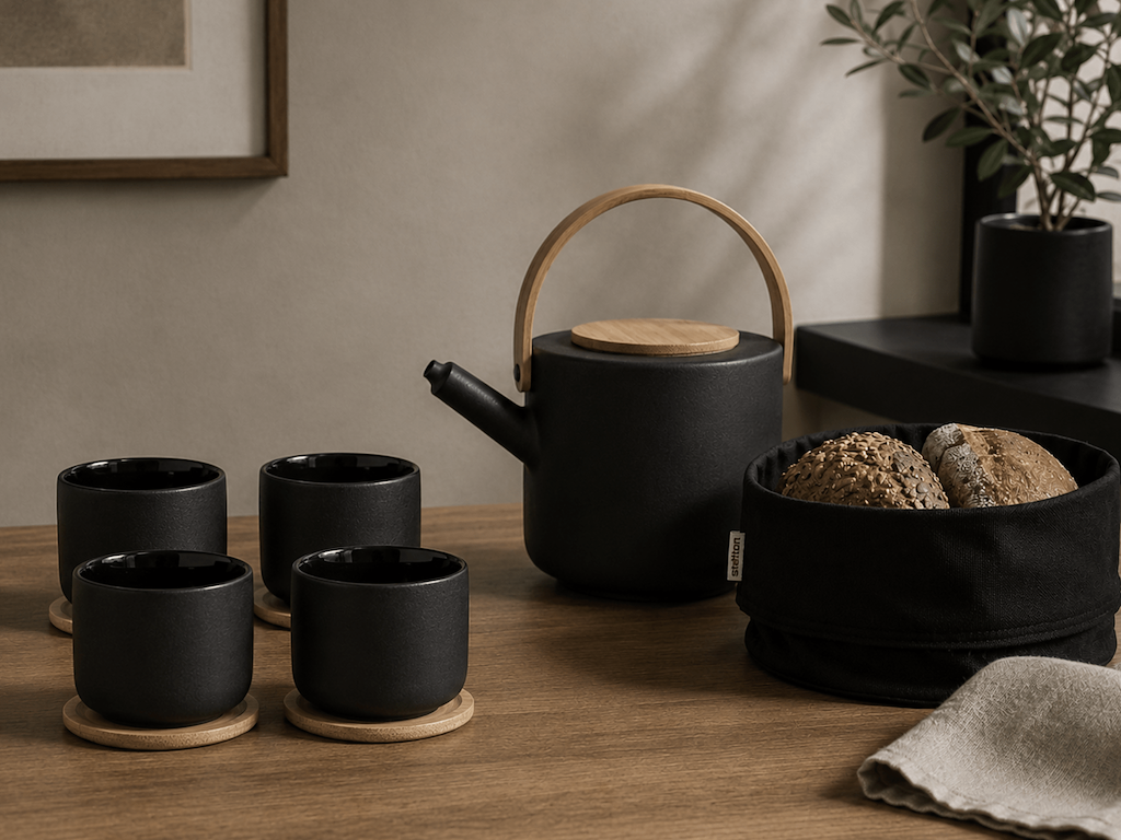 Stelton Theo Tekande 1,2 l og Theo Kop med Coaster 4 stk. samt Stelton Brødpose - Sort