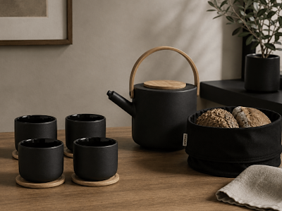 Stelton Theo Tekande 1,2 l og Theo Kop med Coaster 4 stk. samt Stelton Brødpose - Sort
