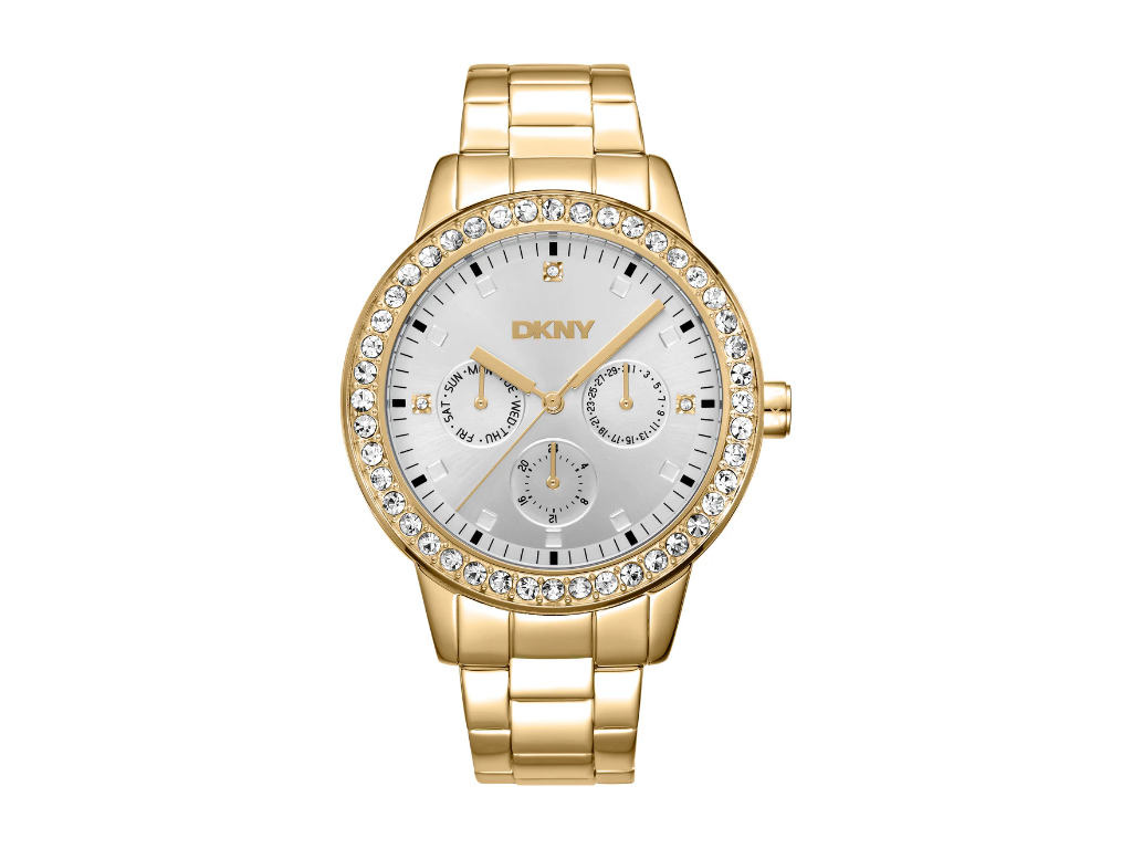 DKNY Parsons Multi Glitz Dameur i rustfrit stål med guld PVD og sten. Sølvfarvet urskive - Ø 40 mm