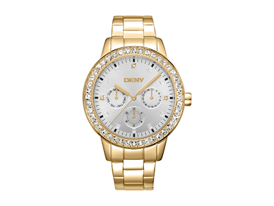 DKNY Parsons Multi Glitz Dameur i rustfrit stål med guld PVD og sten. Sølvfarvet urskive - Ø 40 mm