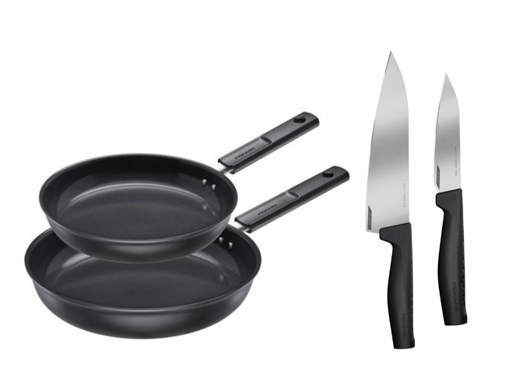 Fiskars Hard Face pandesæt - 24+28 cm samt Hard Edge stor kokke- og grøntsags kniv