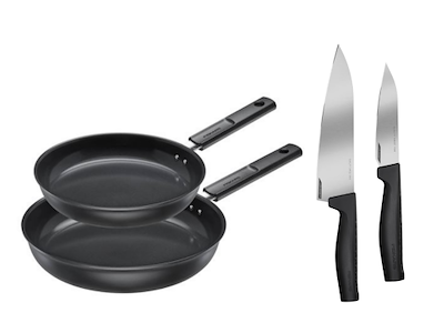 Fiskars Hard Face pandesæt - 24+28 cm samt Hard Edge stor kokke- og grøntsags kniv