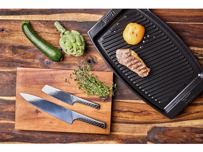 Weber Style kokkekniv, grøntsagskniv samt Weber Ceramic grillfad