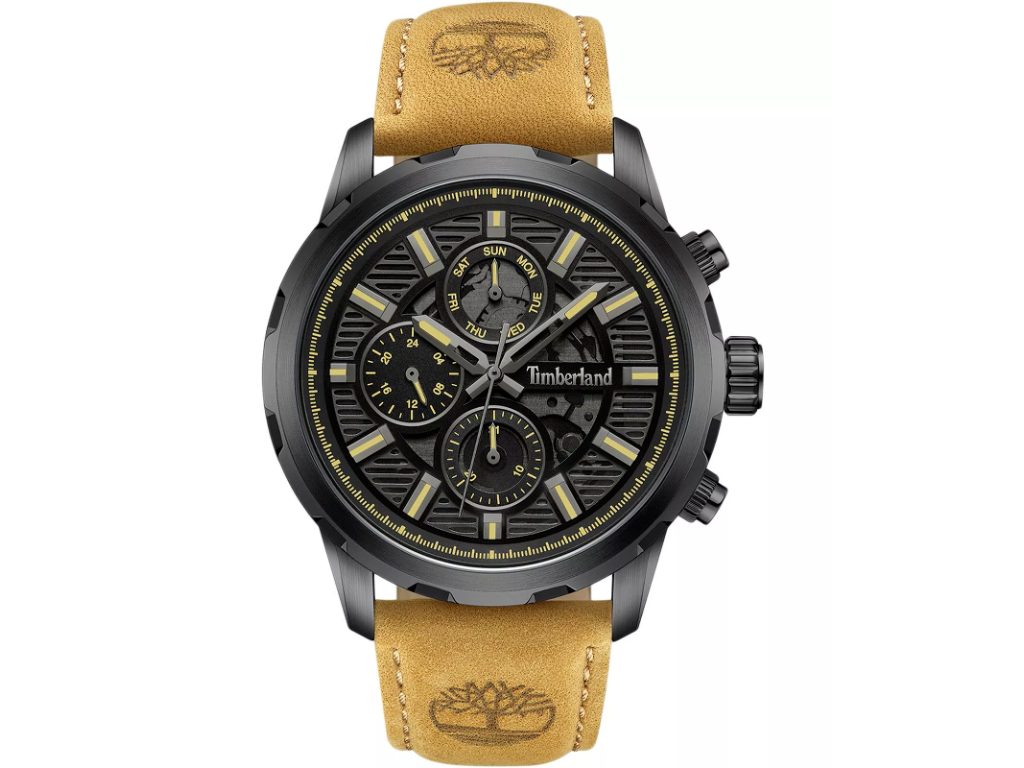 Timberland Hampton Harbour multifunktion Herreur i rustfrit stå, sort/gul urskive og Tanfarvet rem - Ø 46 mm