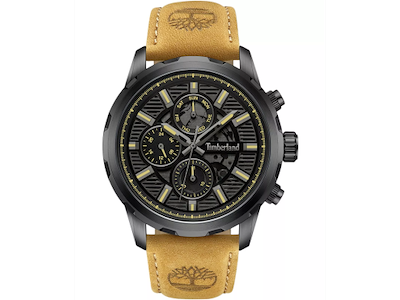 Timberland Hampton Harbour multifunktion Herreur i rustfrit stå, sort/gul urskive og Tanfarvet rem - Ø 46 mm