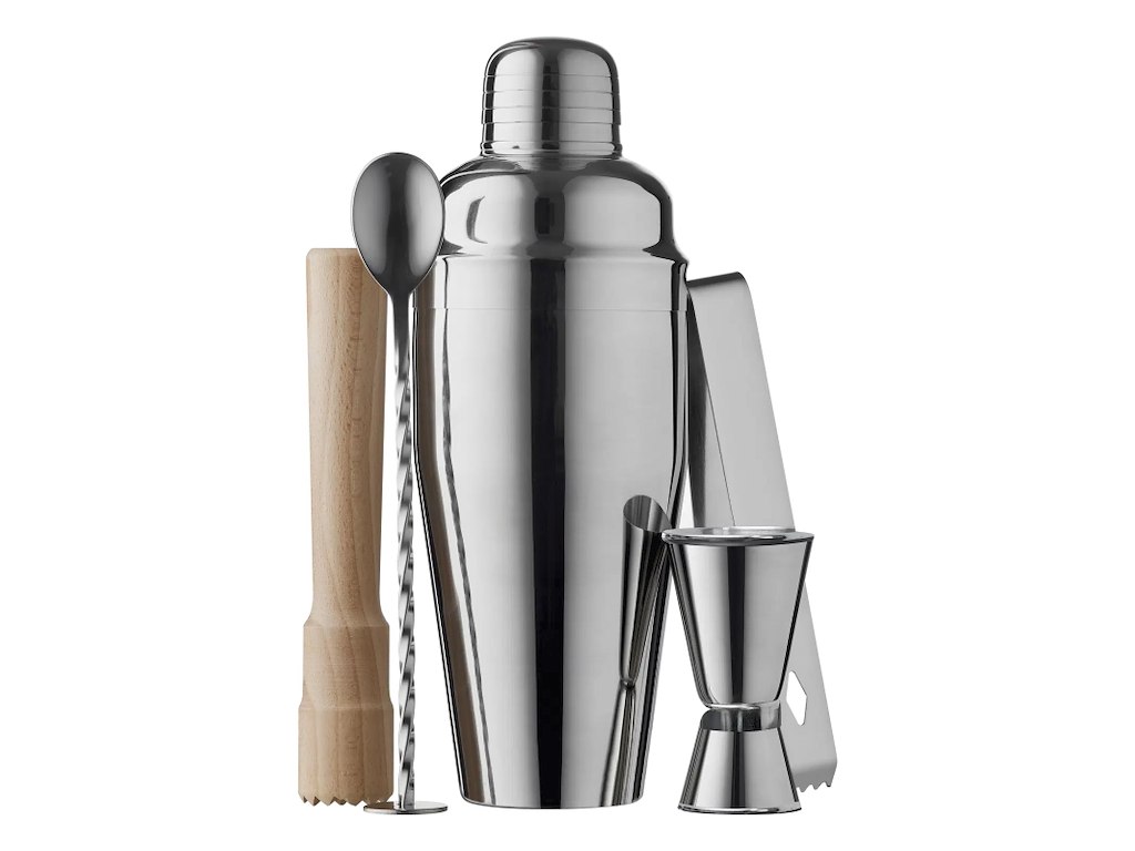 Funktion Barsæt m. shaker 700 ml, røreske, målebæger og istang i stål samt støder i bøgetræ, BAR